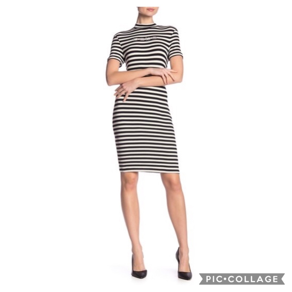 bebe | Mock Neck Striped Print Logo Dress
